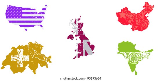 Country flags vector in abstract color and style, includes USA, Switzerland, England, India, and China.