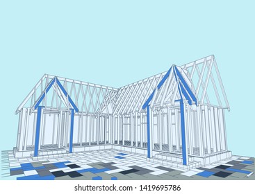 Country frame house-cottage in the process of construction, columns, beams, rafters made of wood. Vector.