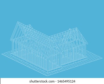 Country frame house-cottage in the process of construction, columns, beams, rafters made of wood. Vector.