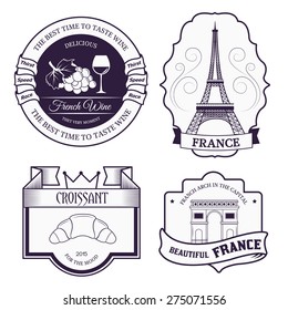 Country France set label template of emblem element for your product or design, web and mobile applications with text. Vector illustration with thin lines isolated icons on stamp symbol.