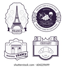 Country France set label template of emblem element for your product or design, web and mobile applications with text. Vector illustration with thin lines isolated icons on stamp symbol