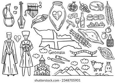 País Georgia. Un conjunto de elementos de doodle: lugares, una pareja vestida con trajes nacionales, comida georgiana, vino, montañas.