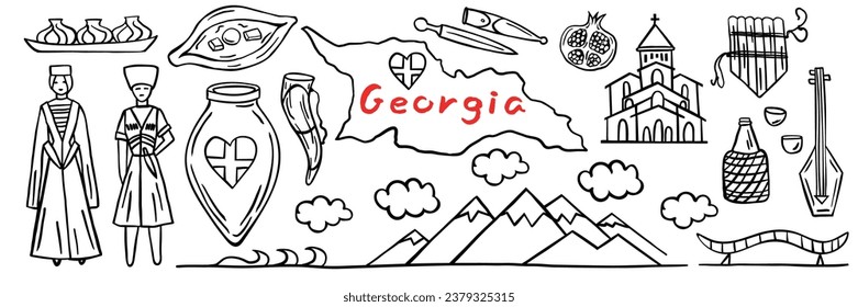 Land Georgien. Eine Reihe von Doodle-Elementen: Orte, ein Paar in nationalen Kostümen, georgische Lebensmittel, Wein, Berge. Vektorgrafik. Lange Banner.