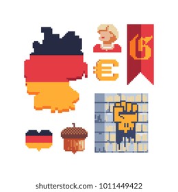 Country Germany. Pixel art icons. German map, currency, prime minister. Stickers design. Isolated vector illustration. 