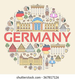 Country Germany travel vacation guide of goods, places and features. Set of architecture, people, culture, icon background concept. Infographics template design for web and mobile. On thin lines style