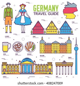 Country Germany travel vacation guide of goods, place and feature. Set of architecture, fashion, people, item, nature background concept. Infographic traditional ethnic flat, outline, thin line icon