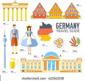 Country Germany travel vacation guide of goods, places and features. Set of architecture, people, culture, icons background concept. Infographics template design for web and mobile. On flat style