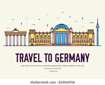 Country Germany travel vacation of place and feature. Set of architecture, item, nature background concept. Infographic traditional ethnic flat, outline, thin line icon