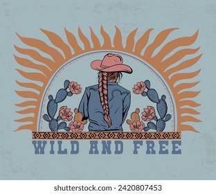 Country-Girl mit Kaktusblume, Vektordesign, Western Cowgirl-Kunstwerk für T-Shirt-Aufkleber, Plakat, Grafik, Wild- und kostenlose Typografie, Retro-Vintage-Frauen tee-Druck 