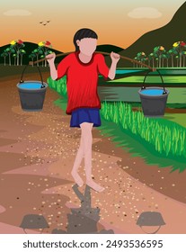 A country girl carries water with a plastic bucket.vector design 