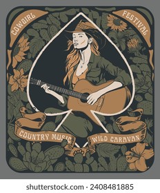 niña de campo tocando ilustración vectorial de guitarra, arte de música de campo vintage occidental, canto de cowgirl, diseño vintage retro de vaquera para camiseta, afiche, impresión gráfica, tipografía vintage