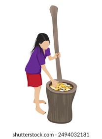 A country girl pounded rice with a wooden mortar.vector design on white background