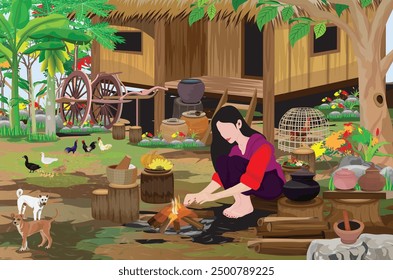 A country girl is sitting and making a fire to cook under big tree in front of hut.vector design