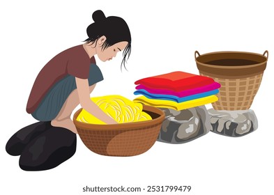 A country girl is washing clothes by hand.vector design