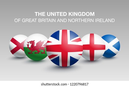 Country of Great Britain England, Scotland, Wales and Northern Ireland. Flags in the form of a ball. Vector illustration