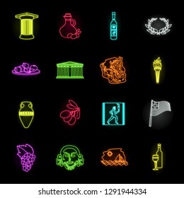 Country Greece neon icons in set collection for design.Greece and landmark vector symbol stock web illustration.