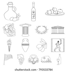 Country Greece outline icons in set collection for design.Greece and landmark vector symbol stock web illustration.