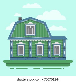 Country green house. Colorful village russian old house. Countryside colored house. Cute outback hut with decoration, grass. Vector illustration art.