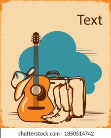 Country guitar music travel. Vintage poster acoustic guitar, cowboy boots and American hat with suitcase on blue sky backround with clouds. 