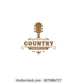 Country Guitar Music Western Vintage Retro Saloon Bar Cowboy Logo Design