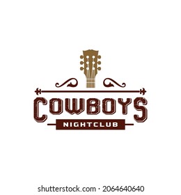 Country Guitar Music Western Vintage Retro Saloon Bar Cowboy logo design