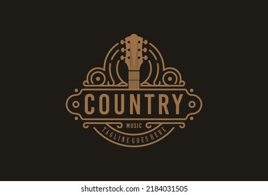 Country Guitar Music Western Vintage Retro Saloon Bar Cowboy Logo Design