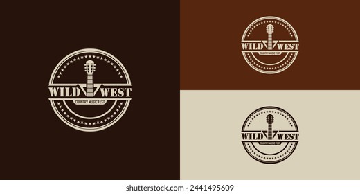 Country Guitar Music Western Vintage Retro Saloon Bar Cowboy logo in soft gold color isolated on multiple background colors. The logo is suitable for The Country Music Festival in Cafe and Bar logo