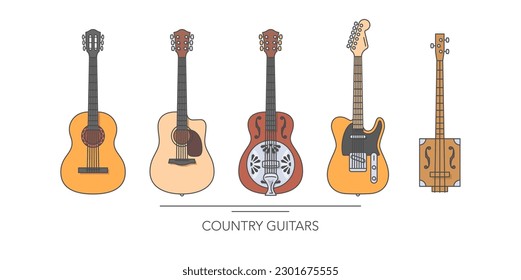 Country guitar set. Outline colorful guitars on white background. Vector illustration.