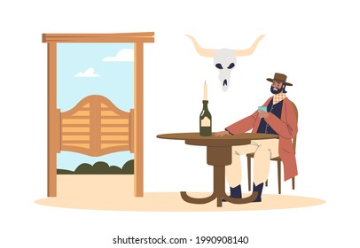 Country Guy At Bar: Traditional Texas Cowboy Sitting At Table Drinking In Wild West Tavern. Western Retro Saloon Interior. Cartoon Flat Vector Illustration