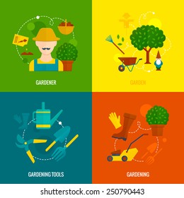 Country hobby gardener tools and accessories  4 flat icons of lawn mower composition abstract isolated vector illustration