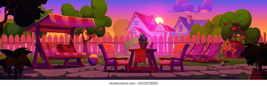 Country home backyard with furniture on sunset or sunrise. Cartoon evening landscape of yard with fruit trees, swing with canopy and lounge, wooden table with chairs and dog house under pink sky.