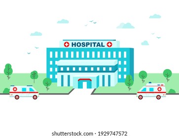 Country hospital where ambulances arrive. Medical center building and help car in flat style. Vector illustration.