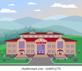country hotel in nature,classic building of light brick and red tiled roof,with three entrances, against the background of meadows, forests, mountains and blue sky with clouds, with lawn, paths, firs