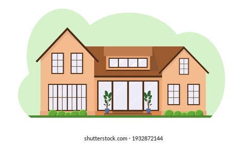 Country house in the afternoon with an attic with flowers. A house with a pitched roof on a green background. Flat design