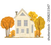 Country house and autumn trees vector illustration isolated on white background, fall season landscape.