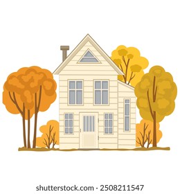 Casa de Country y Ilustración vectorial de árboles de otoño aislados sobre fondo blanco, paisaje de temporada de otoño.