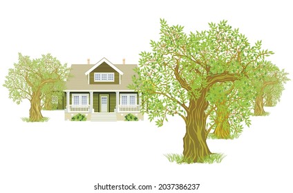 Casa de campo entre árboles aislados en blanco, Ilustración