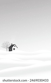 Country house and big tree at snow landscape monochromatic flat design vertical illustrated have blank space.