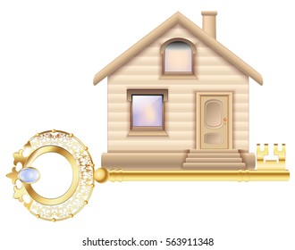 Country house of bricks with a golden key in a gift
Wooden house with the main entrance doors and windows