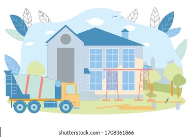 Country House Building Process Vector Illustration. Suburb Residence Construction. Facade Wall Painting. Finishing Work of Vacation House. Real Estate Business. Commercial Dwelling