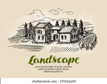 Country house, building sketch. Vintage rural landscape, farm, cottage vector illustration