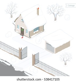 Country house and car garage in snow. Isometric view. Snow covered fir tree and cottage and garage. Vector illustration.