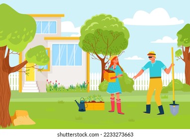 Country house, cheerful family couple together crop organic plant, healthy lifestyle flat vector illustration, harvest season.