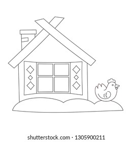Country house and chicken. Line art for coloring book. Vector coloring page.