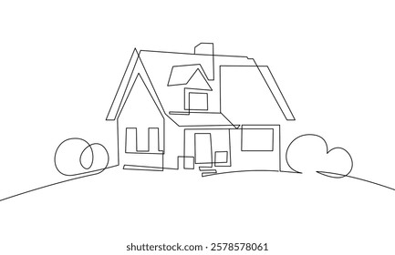 Country House Continuous One Line Drawing. Family Home Simple Minimalist Line Art Drawing Black Sketch Isolated on White Background. Simple Outline Vector Illustration. Not AI