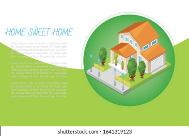 Country house or cottage for rent or sale building sweet home vector illustration. Country house 3d isometric view. Banner or poster selling real estate.