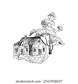 Country house, cottage under tree, hand drawn pen drawing, vector illustration of suburban real estate.