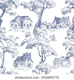 Country house, cottage under tree, hand drawn blue toile de Jouy pen drawing, wallpaper, textile pattern.