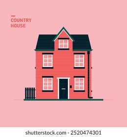 Country house, cute pink modern cottage real estate. Countryside building exterior. Rental and sale of housing. Dollhouse front view. Vector flat style illustration isolated from background.