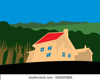 Country house. House at the edge of the forest. Vector image for illustrations.
